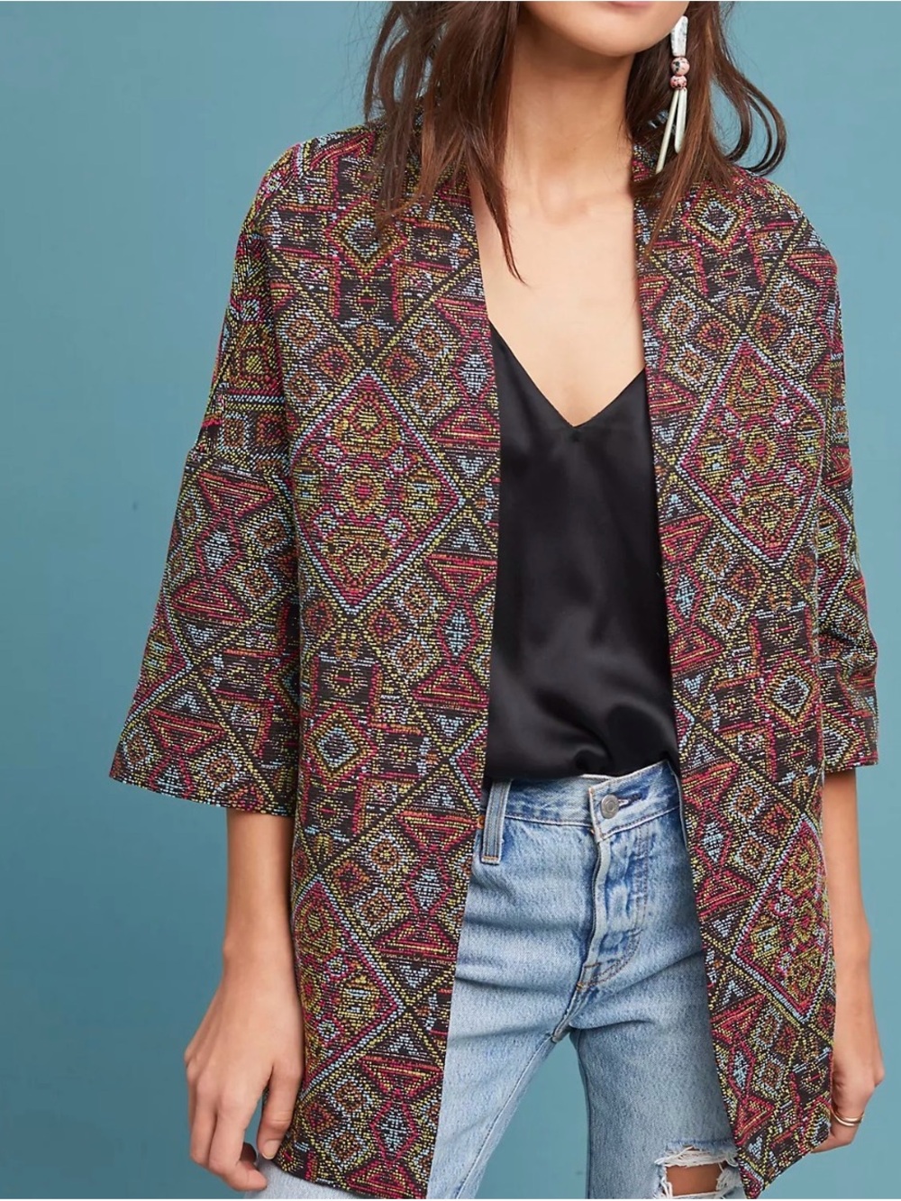 Helene Berman x Anthropologie Multicolor Open-Front Tapestry Kimono Jacket Sz 6